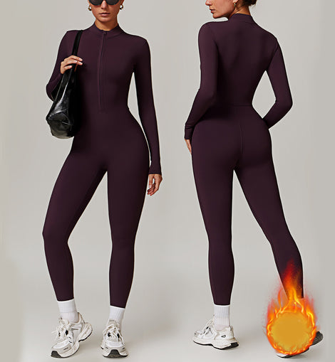 Warm Zipper Long-sleeved Jumpsuit Yoga Fitness Sports Pants Breathable Bodysuit Women's Clothing